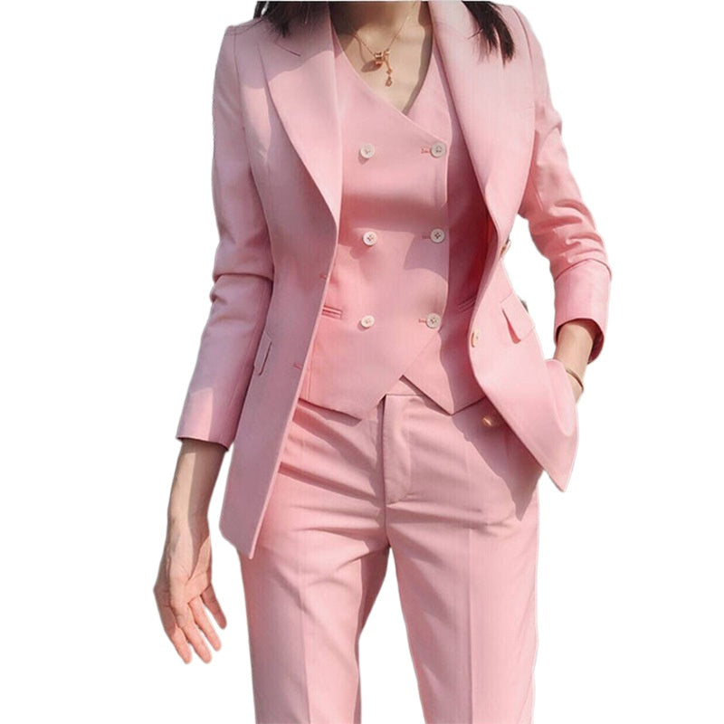 2022 Fashion New Ladies Business Solid Color Suits Trousers Waistcoat /Pink Commuter Blazers Jacket Pants Vest Set