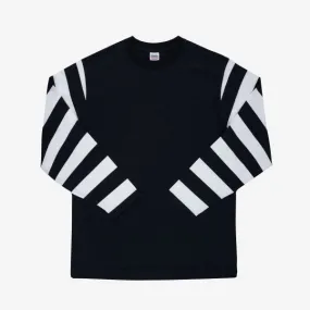 7.5oz Cotton Long-Sleeved Crew Neck Border Tee - Black Body with Striped Arms