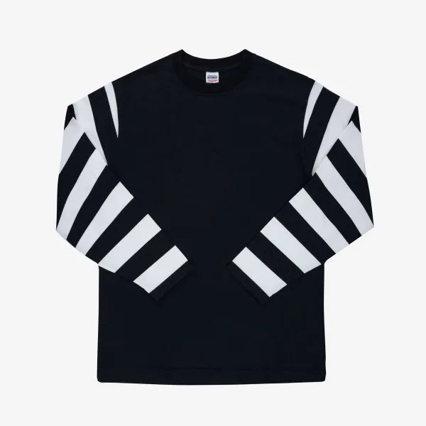 7.5oz Cotton Long-Sleeved Crew Neck Border Tee - Black Body with Striped Arms