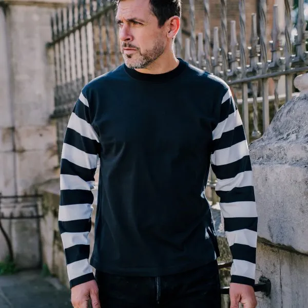 7.5oz Cotton Long-Sleeved Crew Neck Border Tee - Black Body with Striped Arms