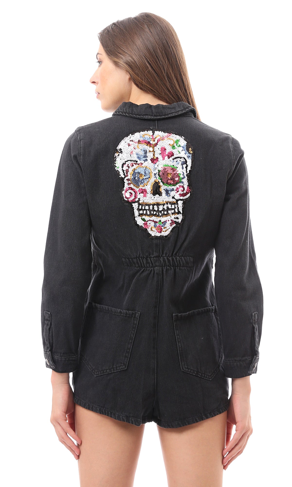 95683 Back Colorful Sequins Skull Black Denim Playsuit