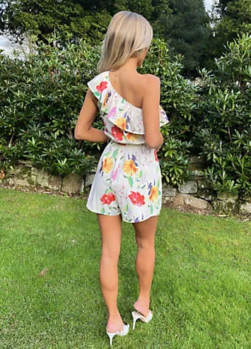 AX Paris Cream Floral Printed One Shoulder Tie Waist Playsuit | Grattan