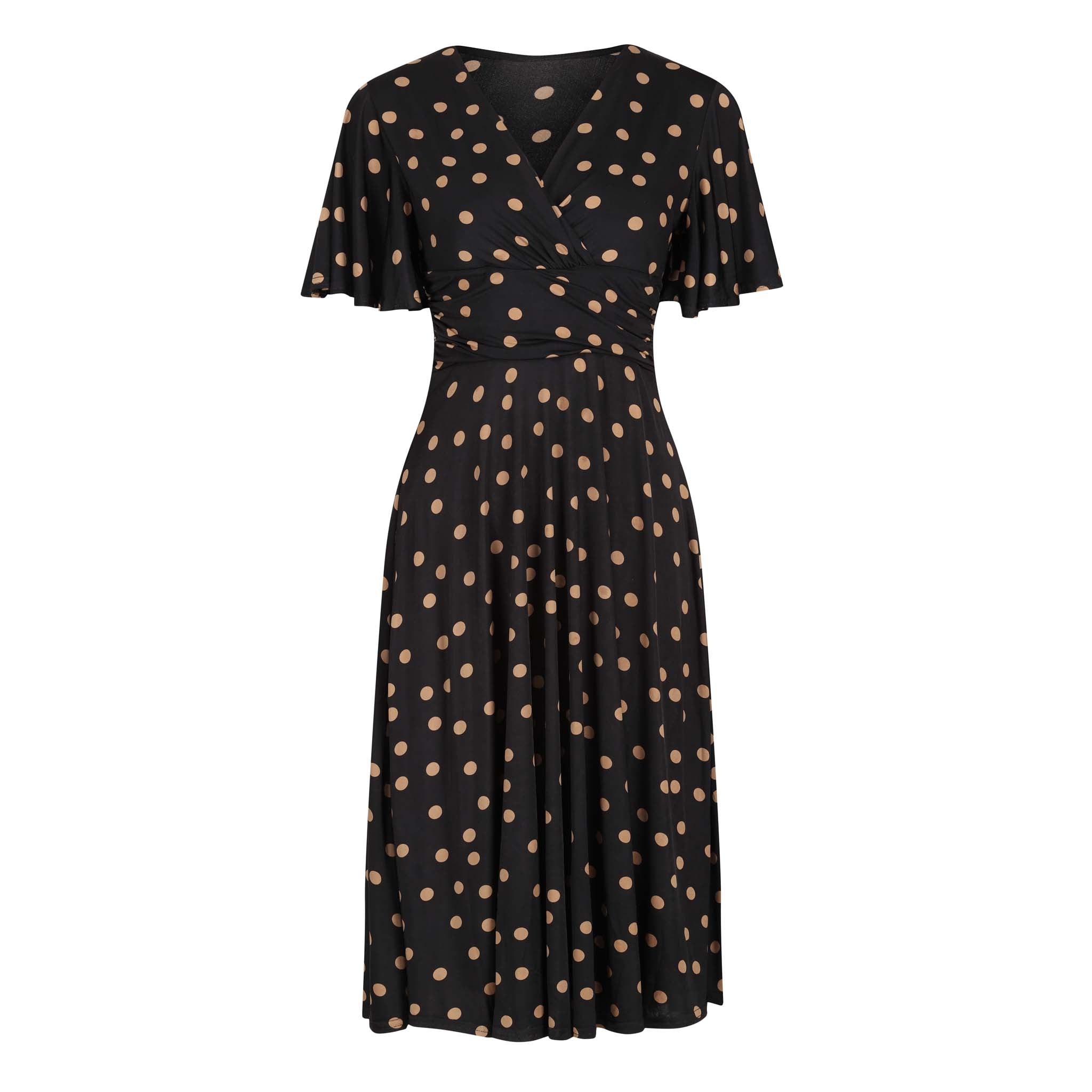 Black & Gold Polka Dot Waterfall Sleeve Wrap Style Swing Dress