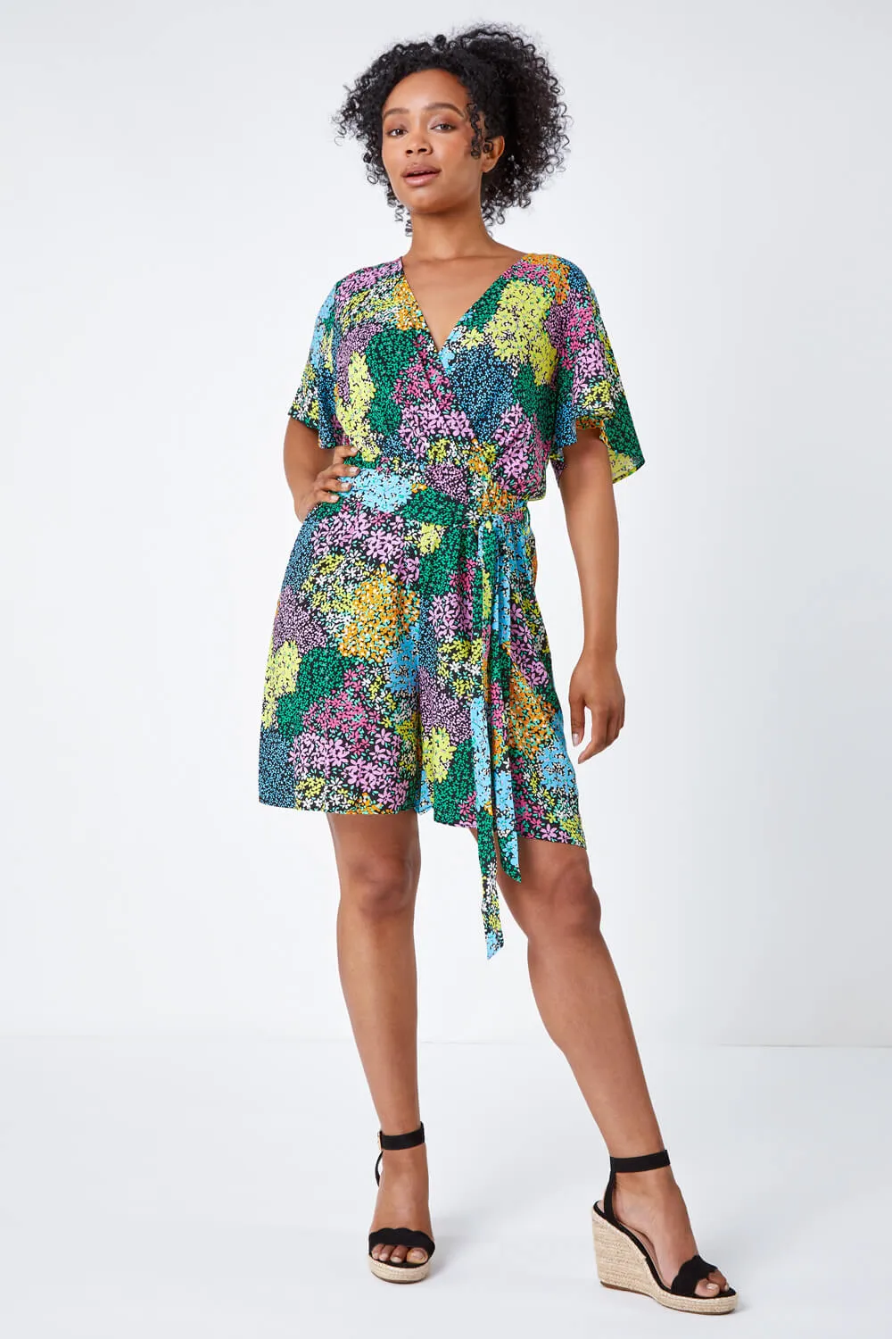 Black Petite Ditsy Floral Belted Playsuit | Roman UK