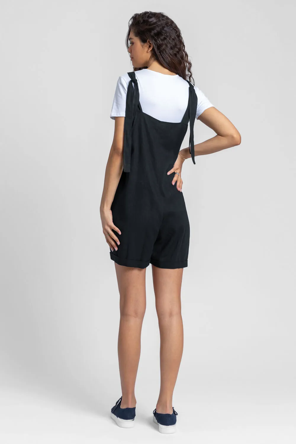 Black Shoulder Tie Cotton Playsuit | Roman UK