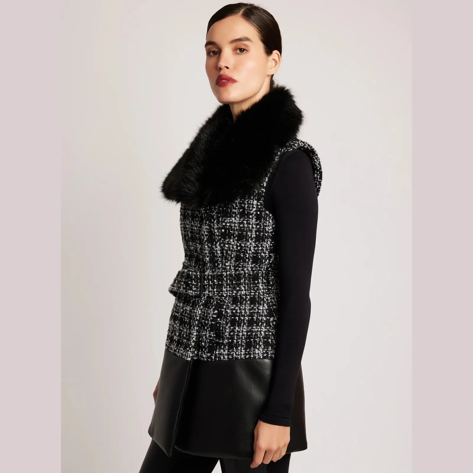 Blanc Noir Irina Boucle Faux Fur Collar Long Vest