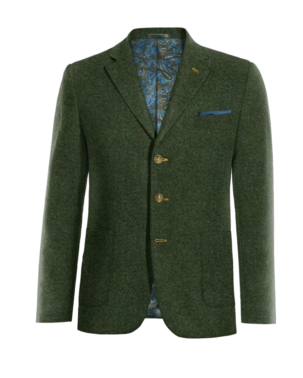  Blazer verde bosque de tweed herringbone esencial de 3 botones