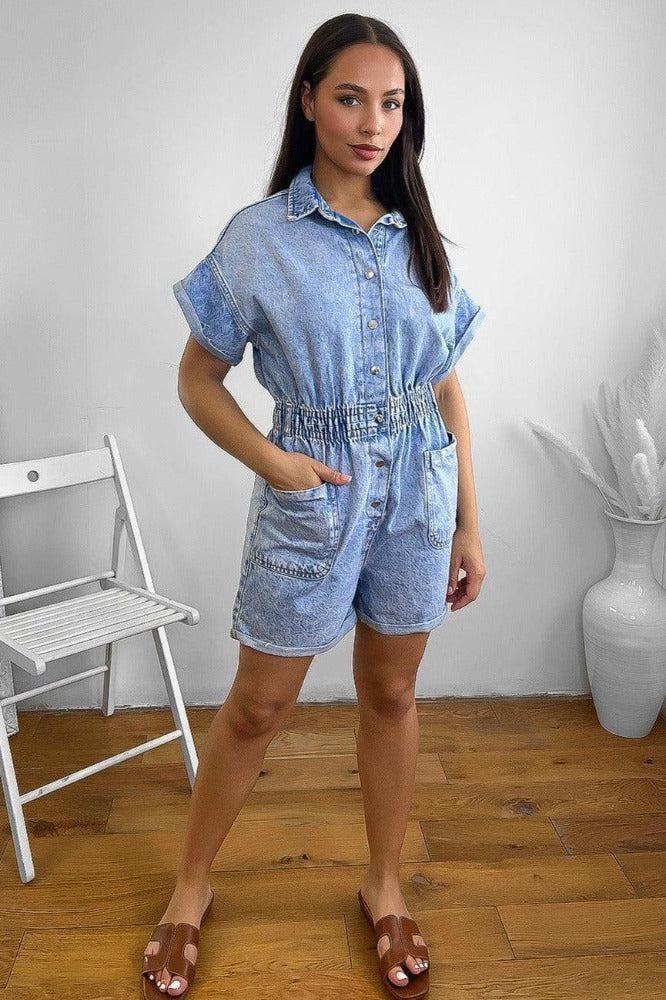 Bleached Denim Effect Elastic Waist Playsuit