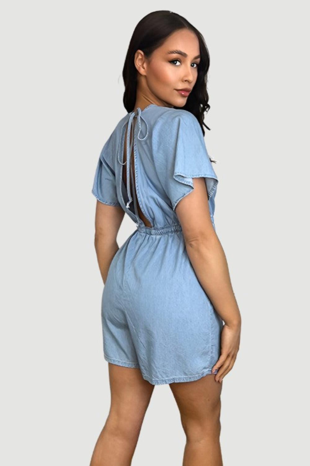 Bleached Denim V-Neck Elastic Waist Playsuit