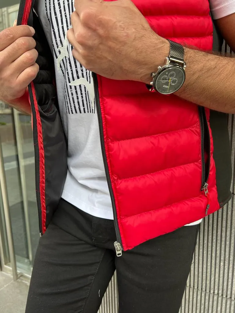 Bojoni Veneta Slim Fit Zippered Red Puffer Vest Jacket