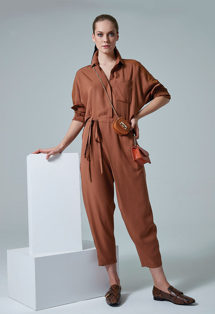 Brown Tie Front Overlap Jumpsuit