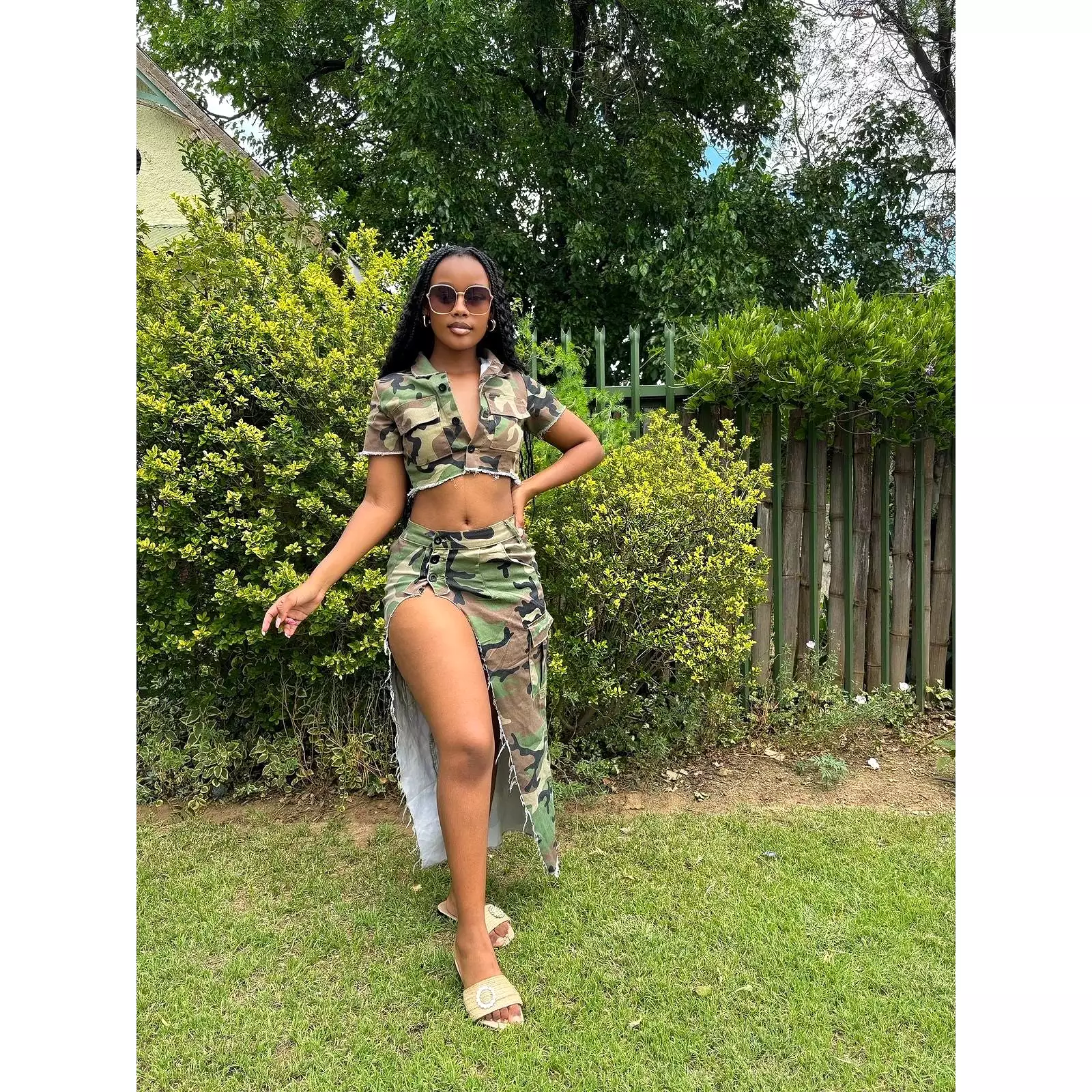 Camouflage Slit skirt and top set