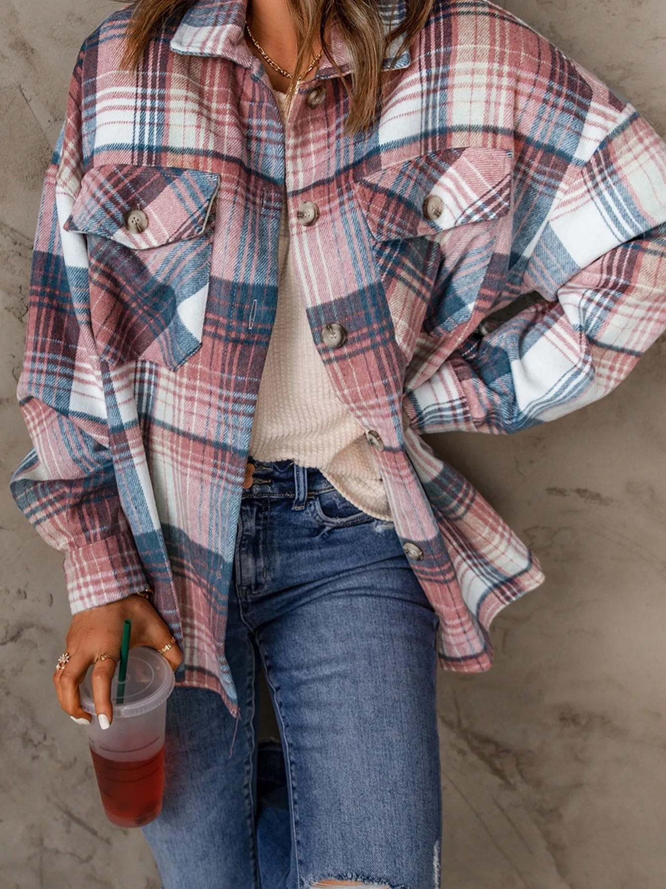 Casual Long Sleeve Button Plaid Blouse Shirt