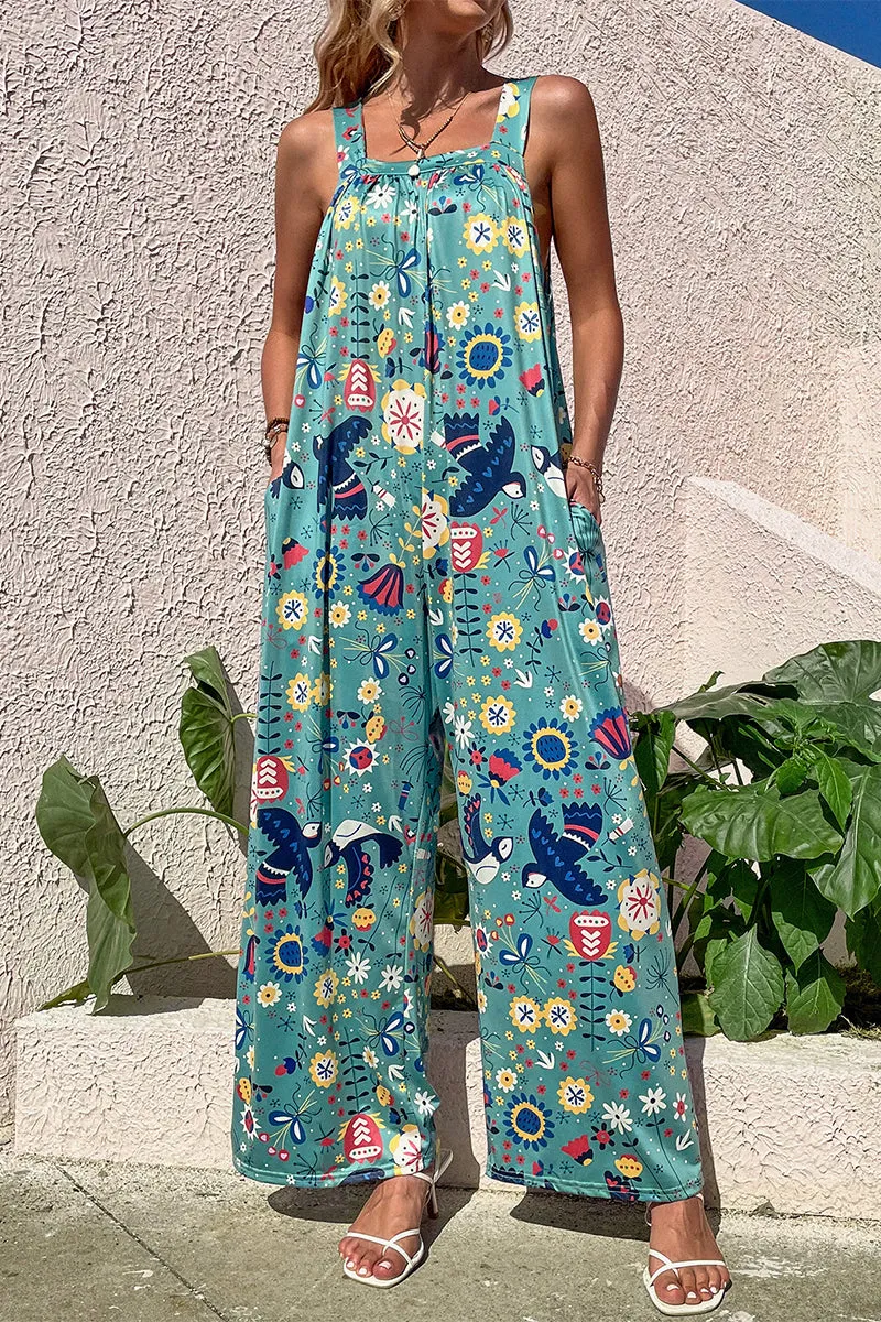 Casual Print Pocket Square Collar Loose Jumpsuits