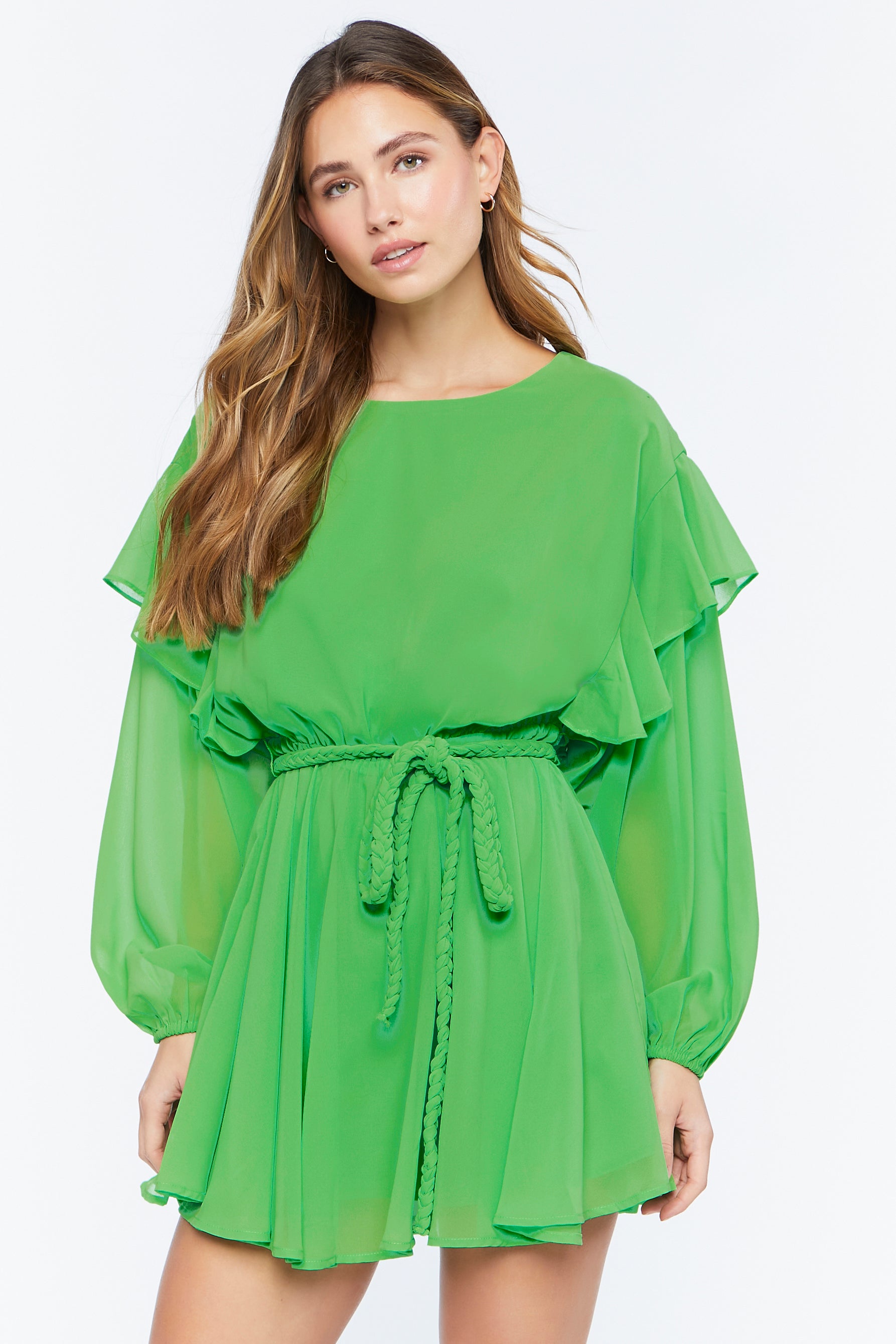 Chiffon Belted Flounce Mini Dress