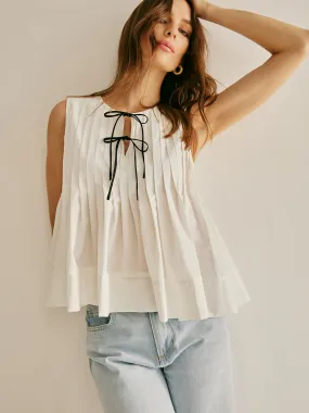 Cotton Ruffle Pleated Tie Front Blouse