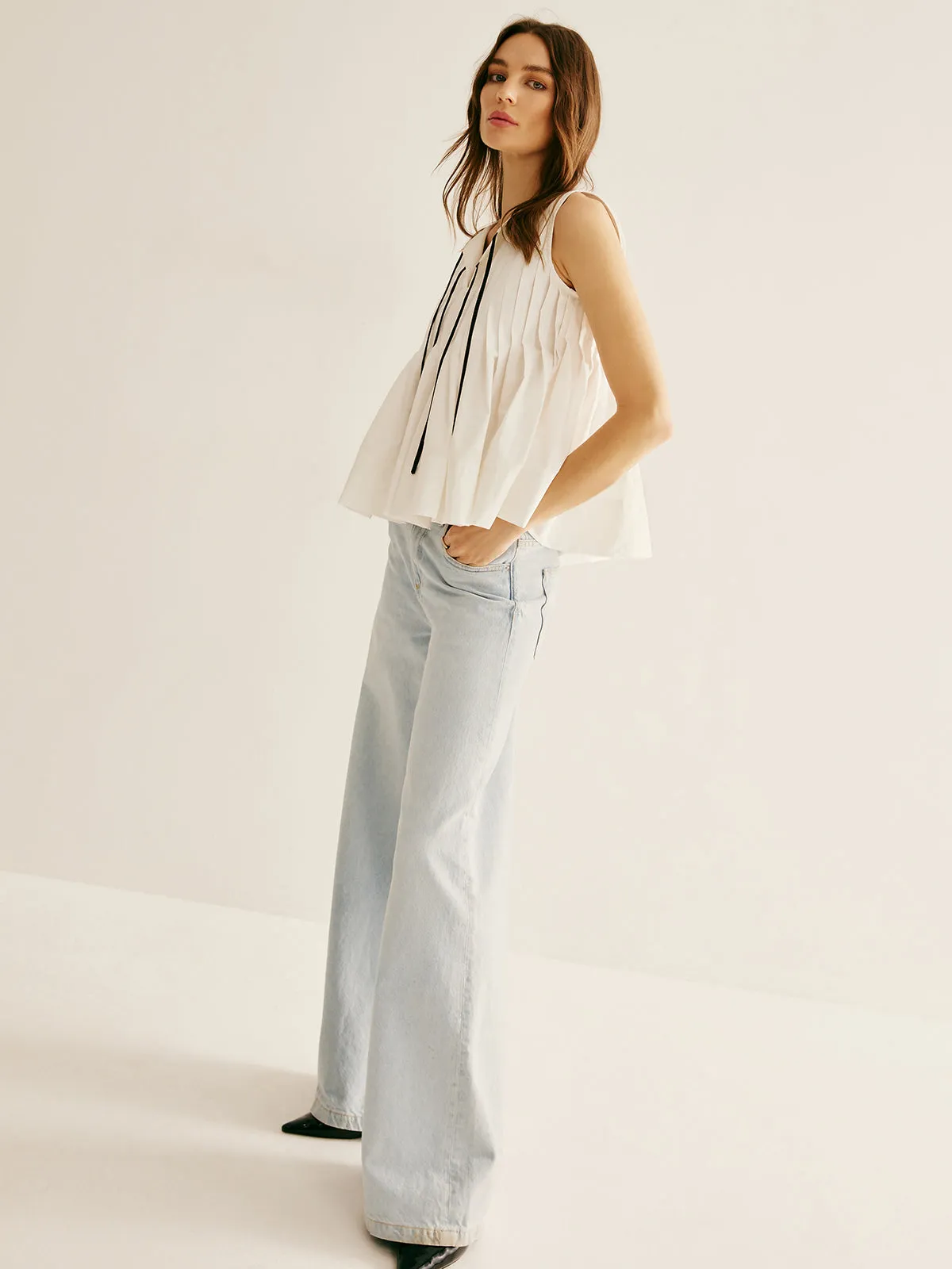 Cotton Ruffle Pleated Tie Front Blouse