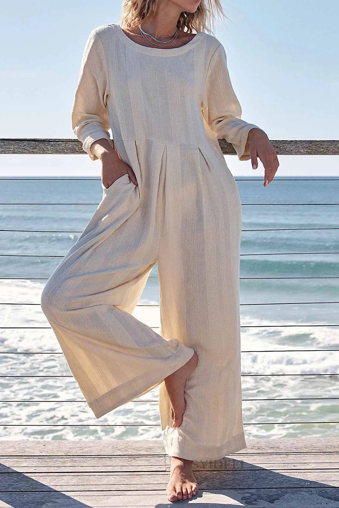 Crew Neck Long Sleeve Jumpsuits