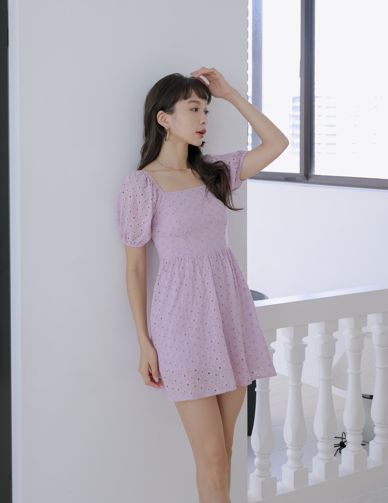 Darla Eyelet Dress Romper in Lavender