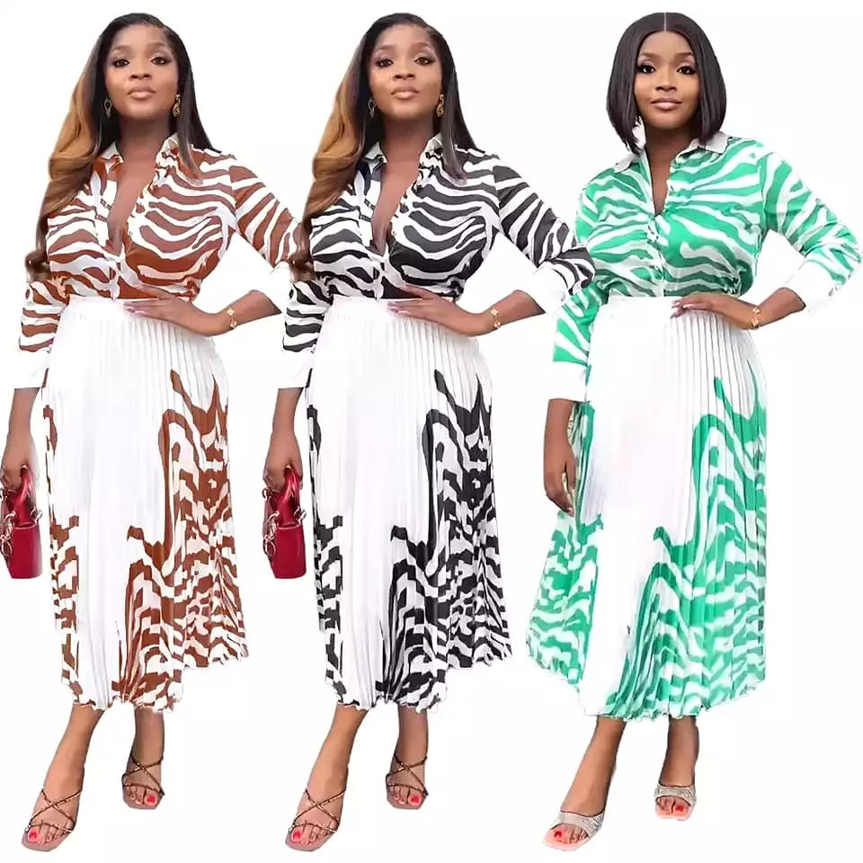 Dashiki Print Pleated Skirt and Shirt Set