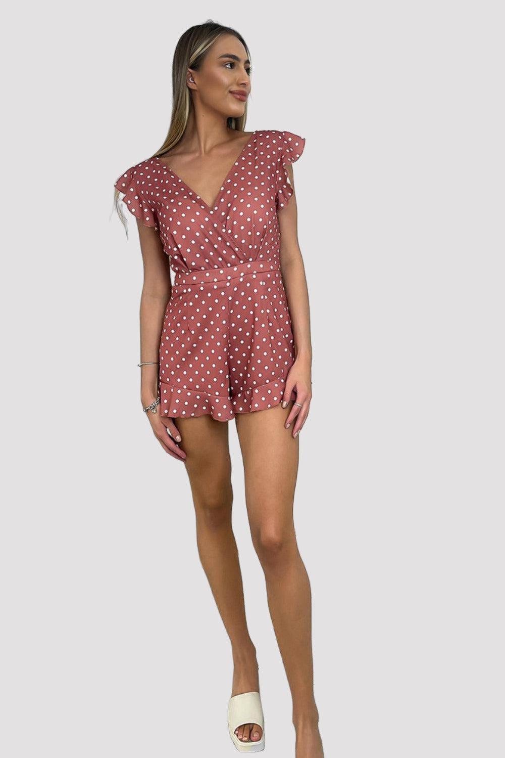 Dusty Pink Polka Dot Frilled Playsuit