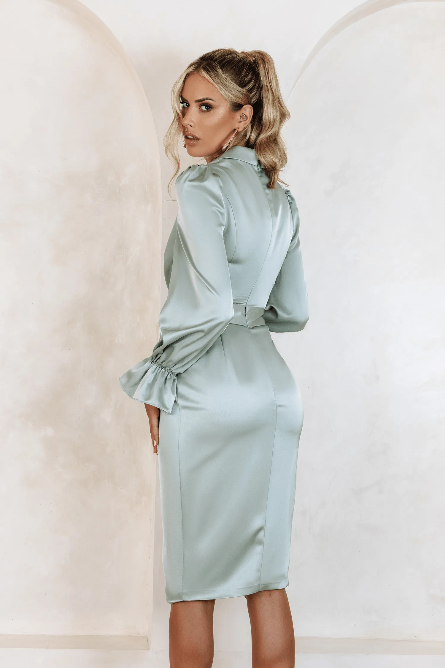 ELISE Satin Wrap Shirt Dress In Sage