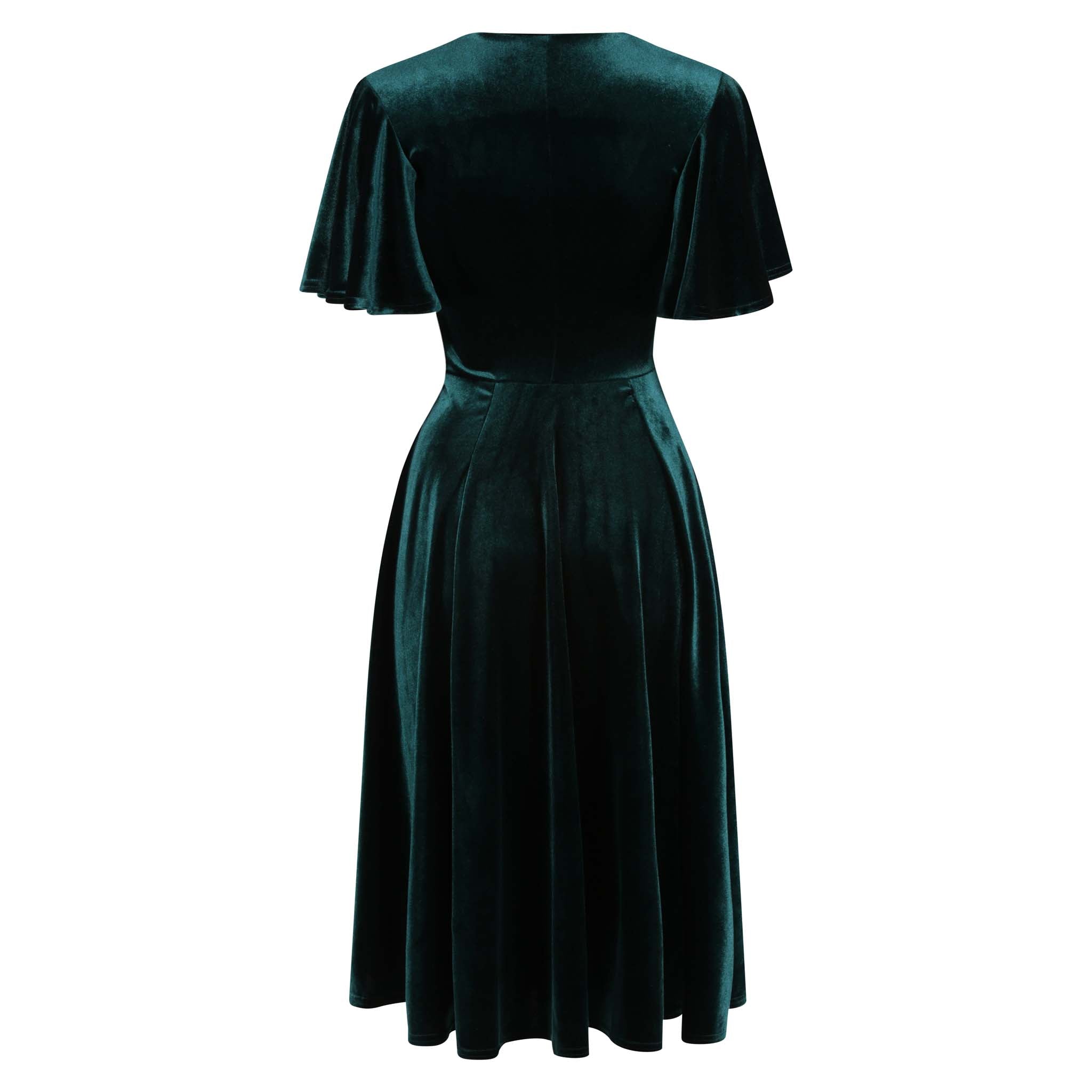 Emerald Green Velour Waterfall Sleeve Crossover Wrap Effect Swing Dress