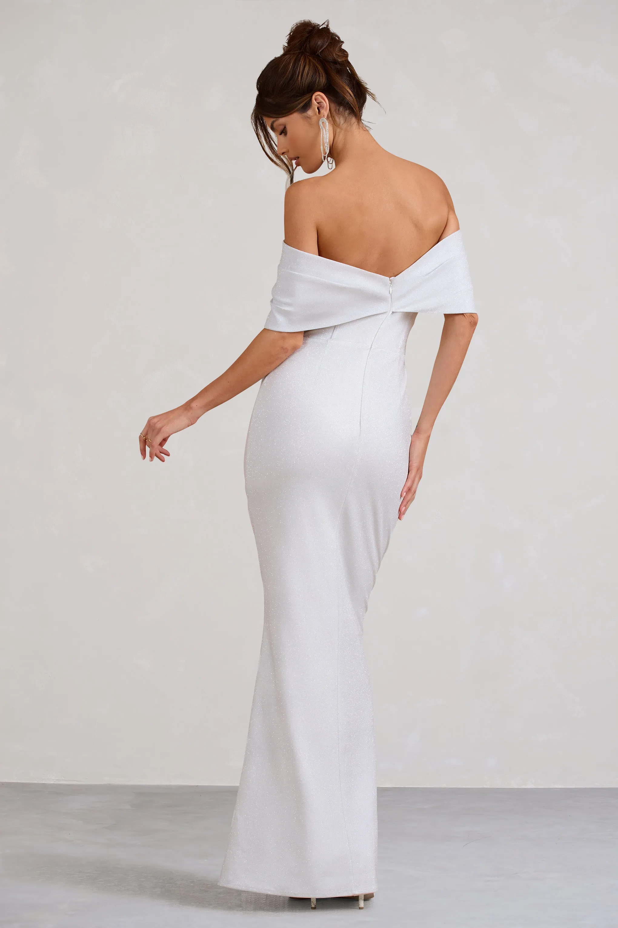 Eva | White Glitter Bardot Wrap Maxi Dress