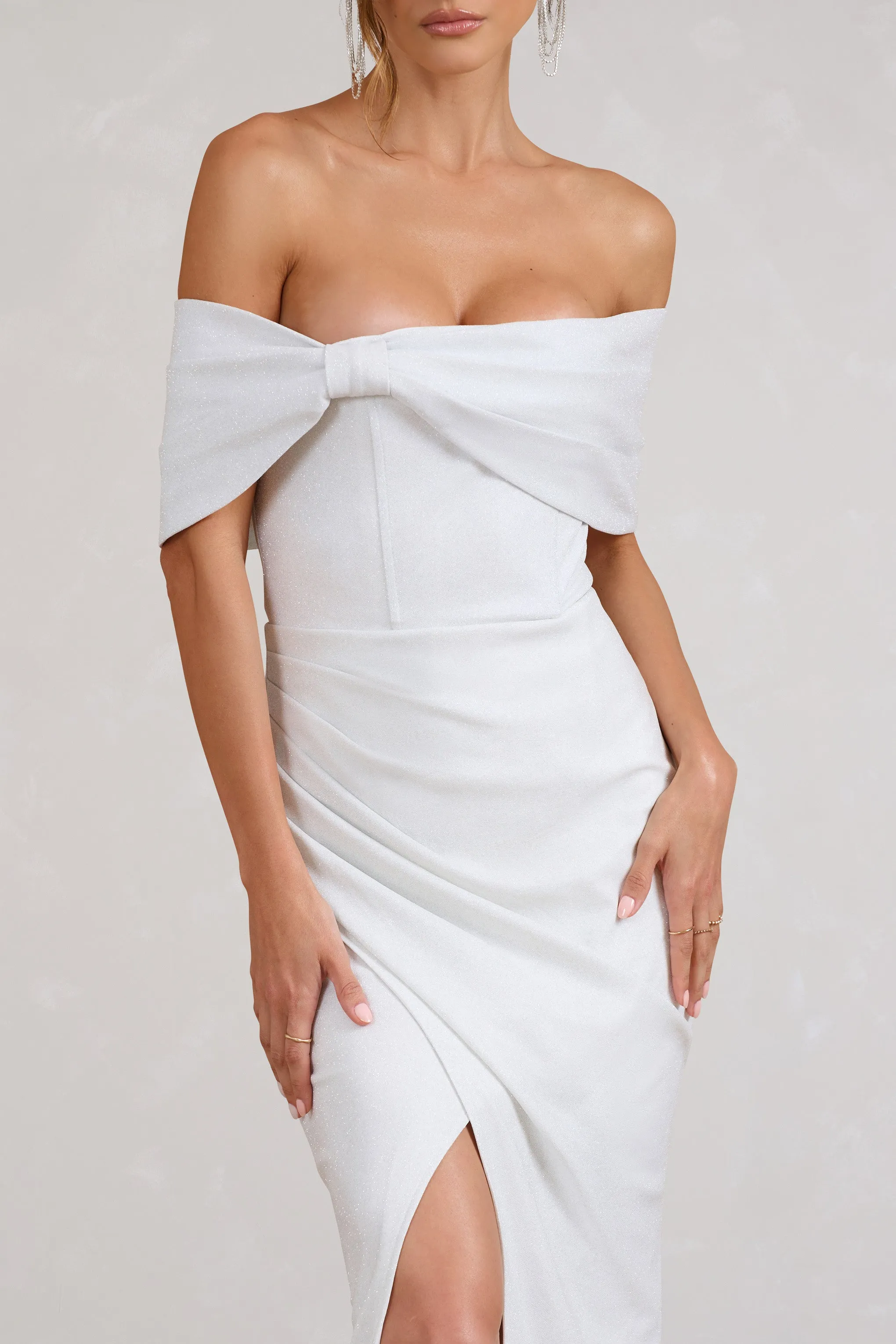 Eva | White Glitter Bardot Wrap Maxi Dress