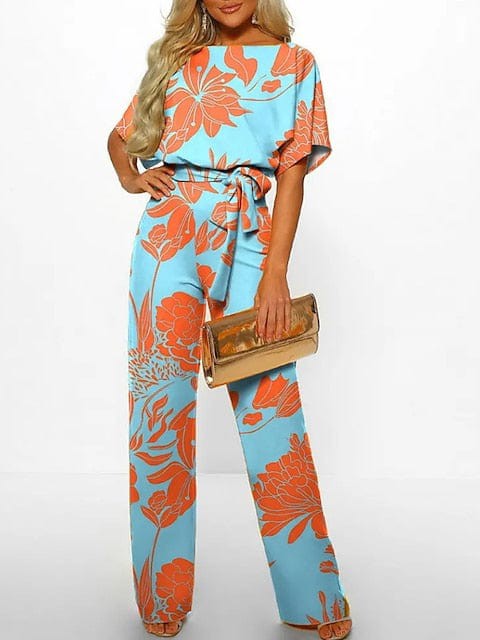 Floral Print Lace Up Jumpsuits for Women - Light Blue