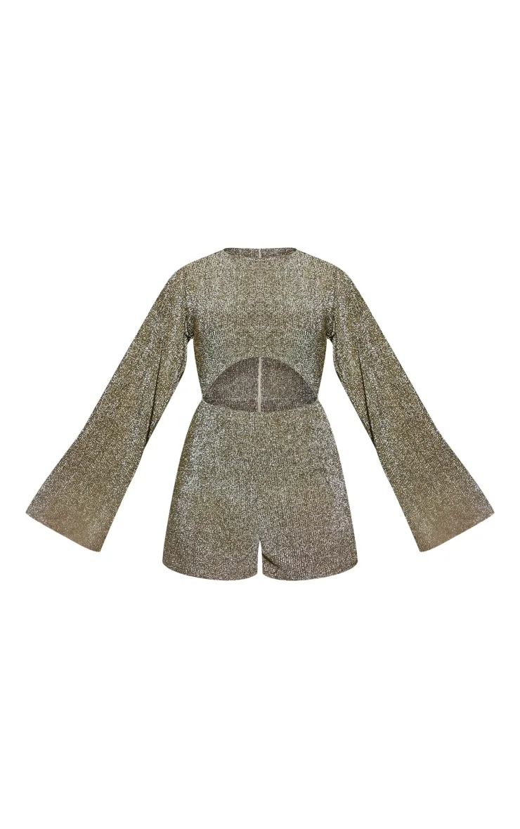 Gold Glitter Plisse Flare Sleeve Cut Out Playsuit