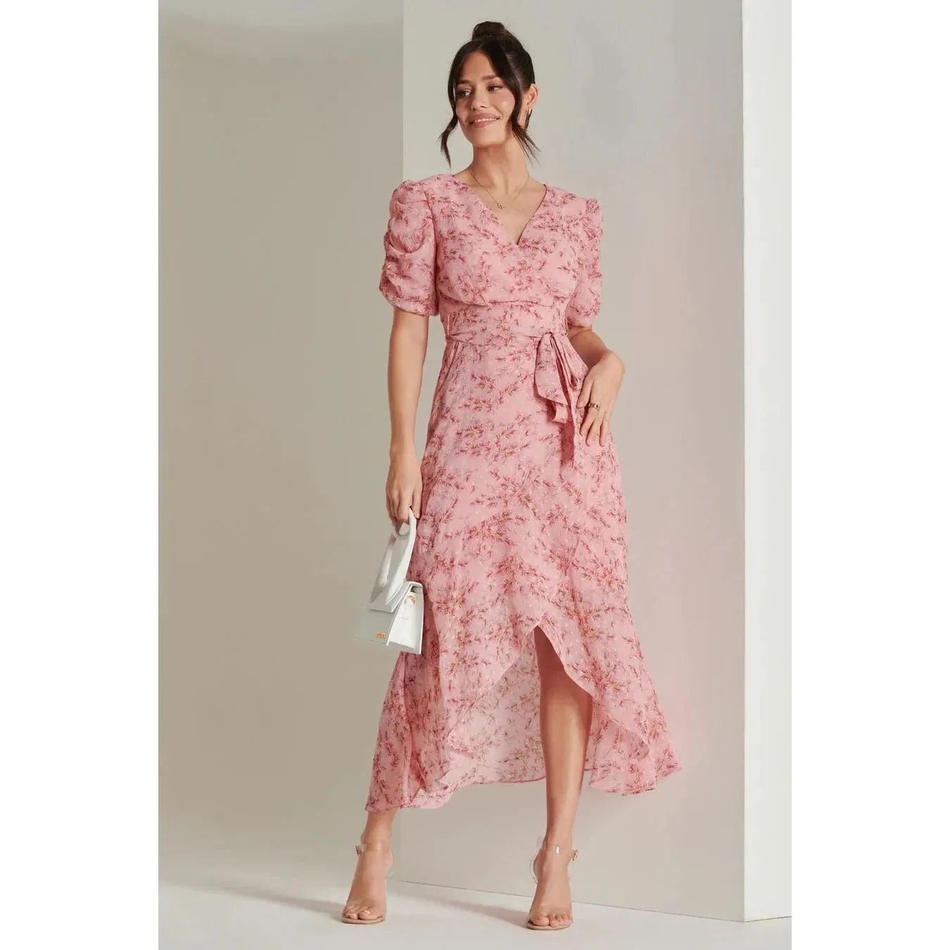 Jolie Moi Pink Textured Chiffon Waterfall Wrap Dress