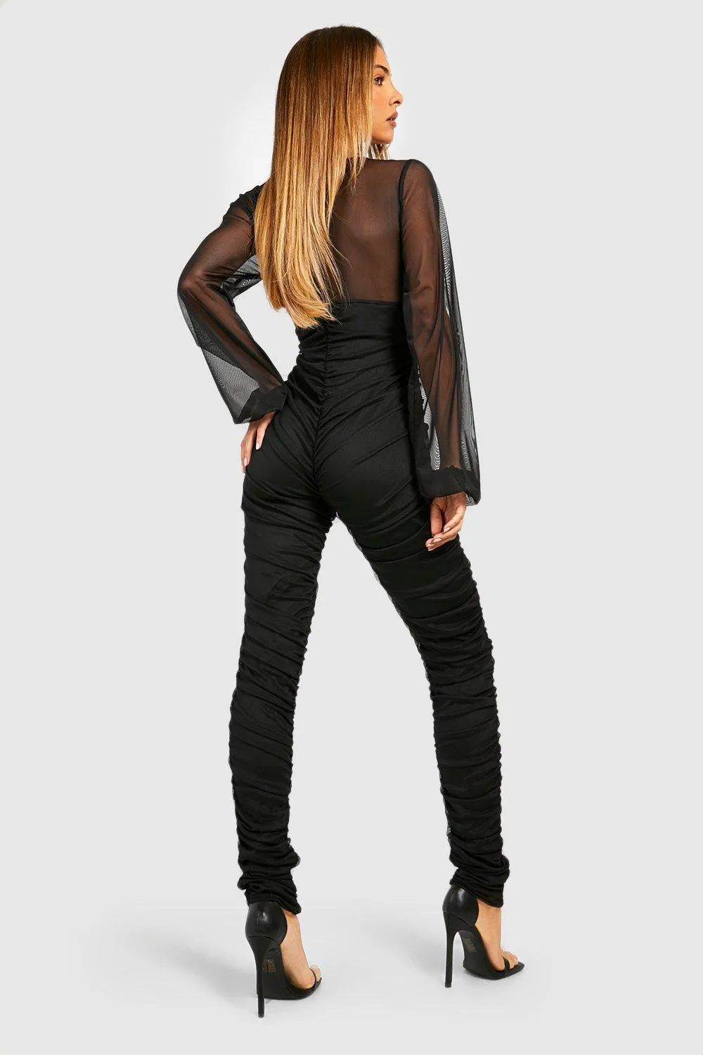 Jumpsuits | Ruched Mesh Balloon Sleeve Jumpsuit | boohoo