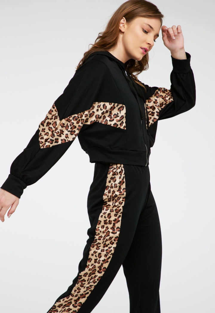 Leopard Zip Up Hooded With Sweatpants