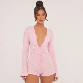 Long Sleeve Plunge Strappy Waist Playsuit In Contrast Pastel Pink Knit