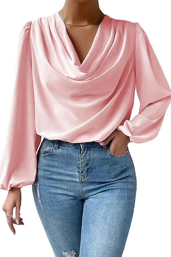 Maleah Satin Draped Collar Bishop Sleeve Blouse