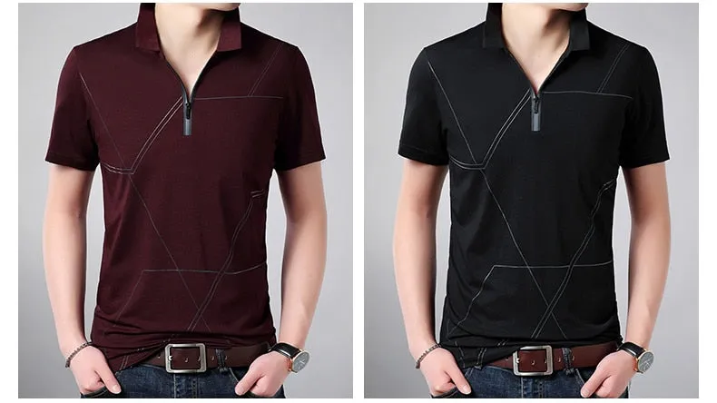 Men's Summer Casual Solid Zipper Pocket Short Sleeves Polo Shirt