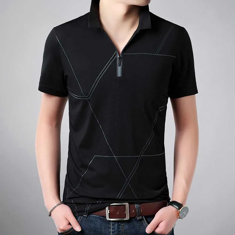 Men's Summer Casual Solid Zipper Pocket Short Sleeves Polo Shirt