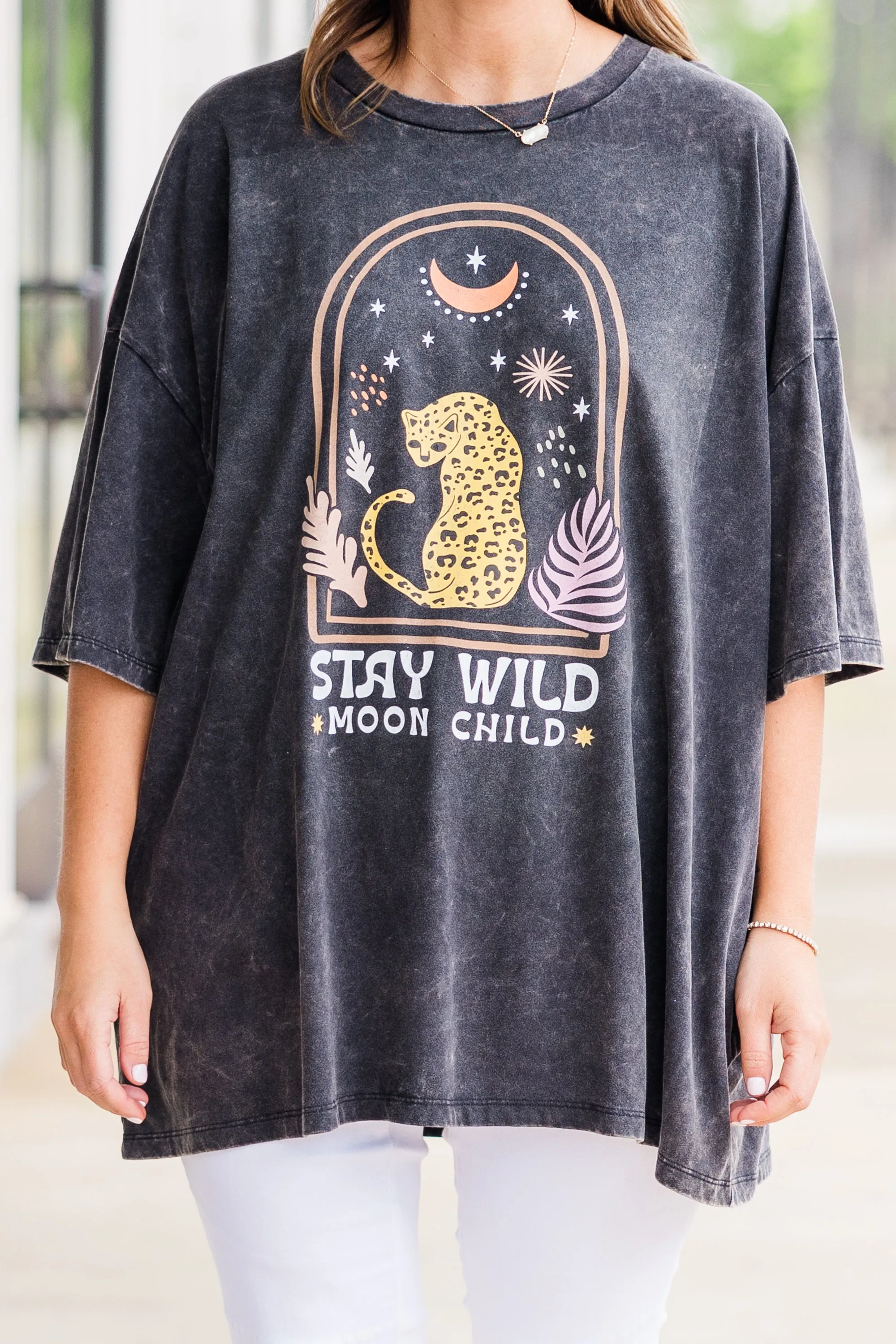 Moon Child Acid Wash Boyfriend Tee, Ash Black