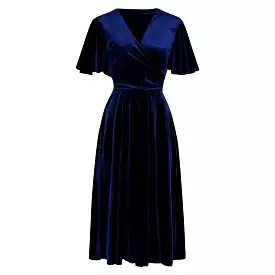 Navy Blue Velour Waterfall Sleeve Crossover Wrap Effect Swing Dress