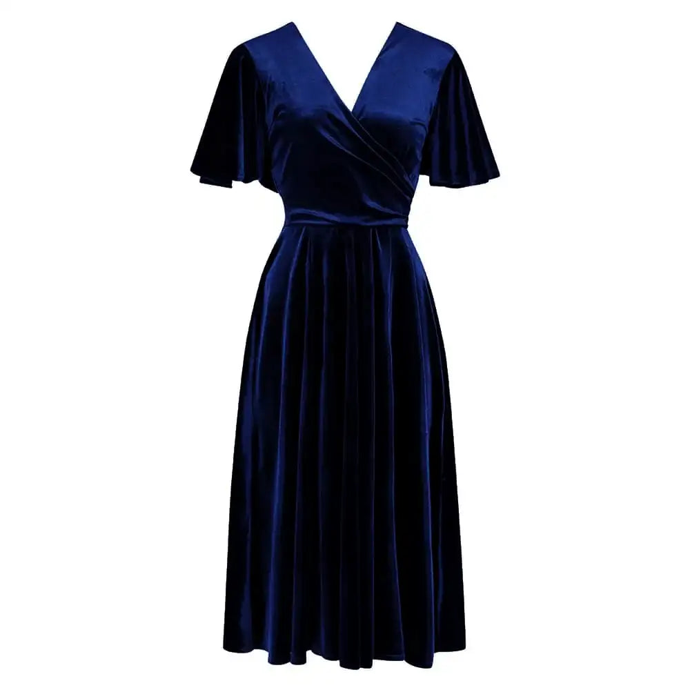 Navy Blue Velour Waterfall Sleeve Crossover Wrap Effect Swing Dress