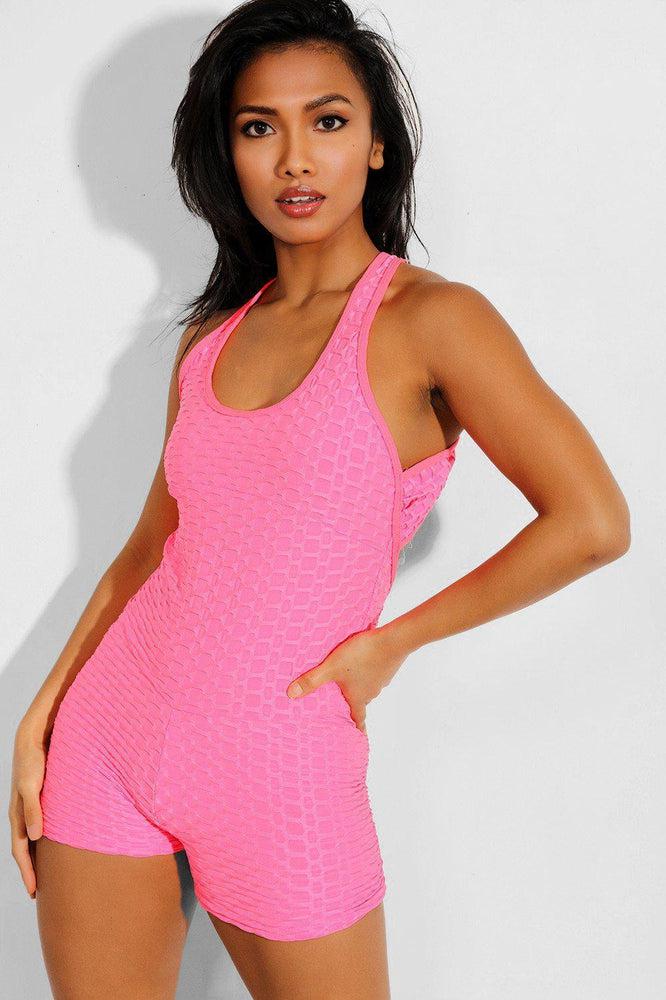 Neon Pink Ruched Crisscross Back Playsuit