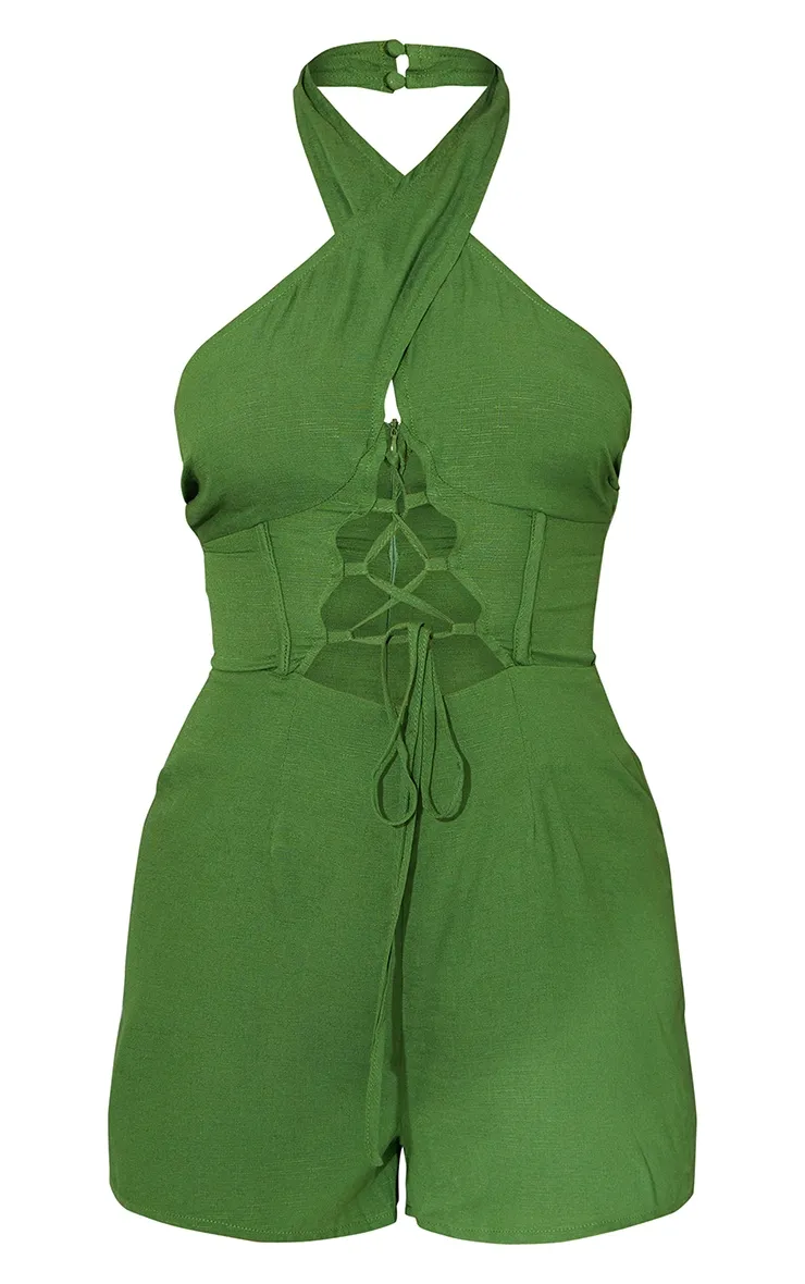 Olive Linen Look Plunge Lace Up Playsuit