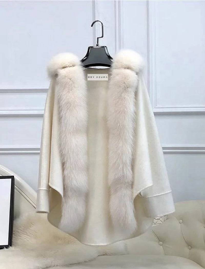 Oversized Australian Wool Fox Fur Trim Poncho sun White