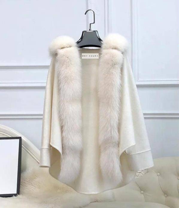 Oversized Australian Wool Fox Fur Trim Poncho