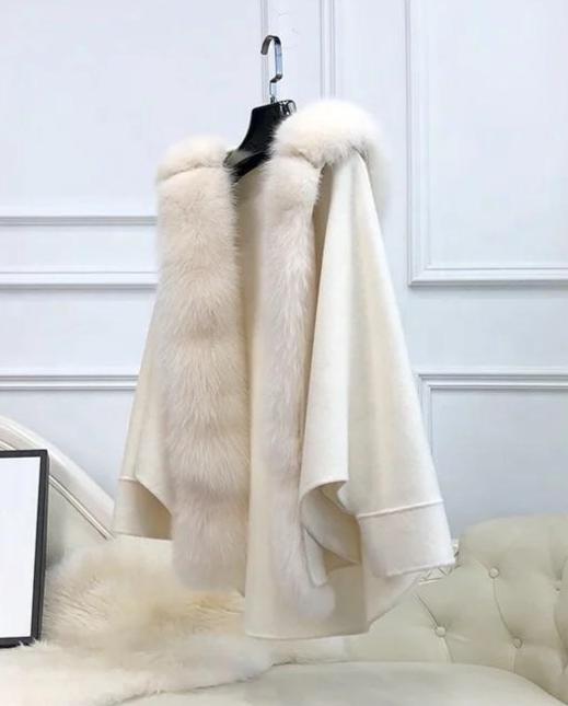 Oversized Australian Wool Fox Fur Trim Poncho