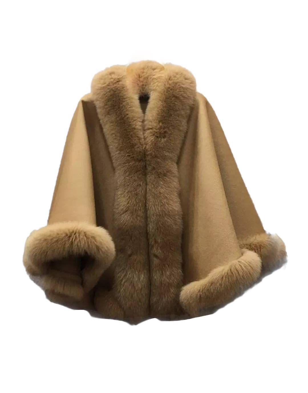 Oversized Wool Fox Fur Trim Poncho