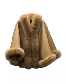 Oversized Wool Fox Fur Trim Poncho