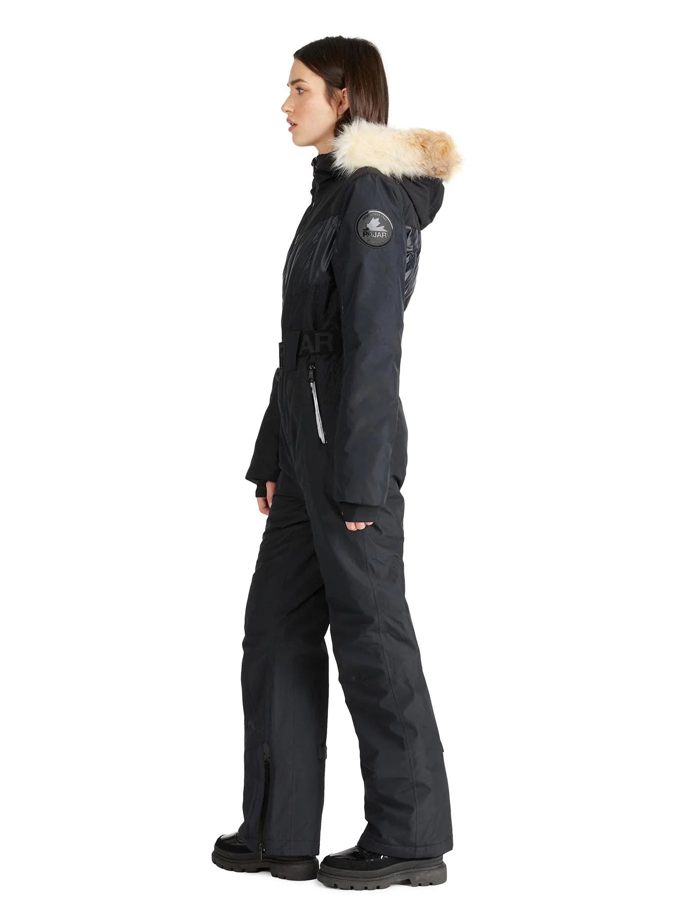 Pajar Womens Pearl Belted Mixed Media Ski Jumpsuit with Faux Fur Trim - BLACK