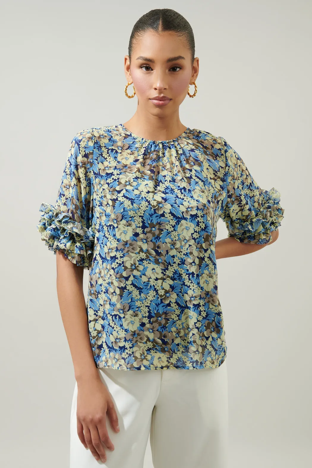 Petal Floral Ruffle Sleeve Blouse